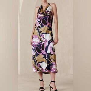 Banana Republic Navy Multi Floral Halter Dress/Midaxi/Silky Fabric/Size Petite L